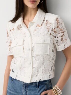 White House Black Market White Lace Short-Sleeve Button-Up Shirt